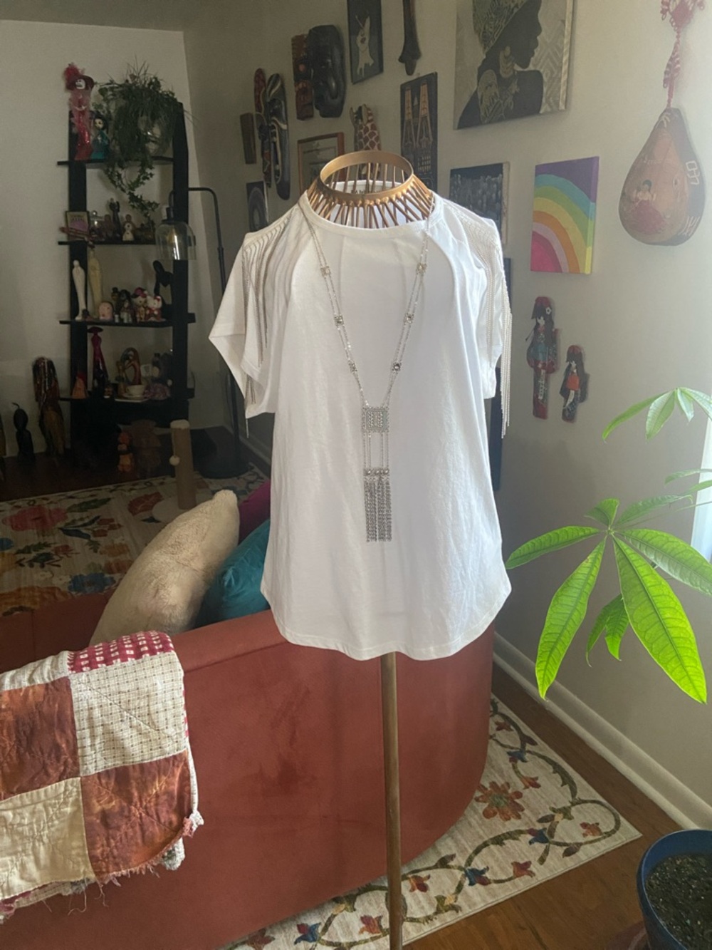 Rebecca Minkoff White Short-Sleeve Fringe Shoulder Tee
